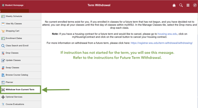 myWSU term withdrawal page